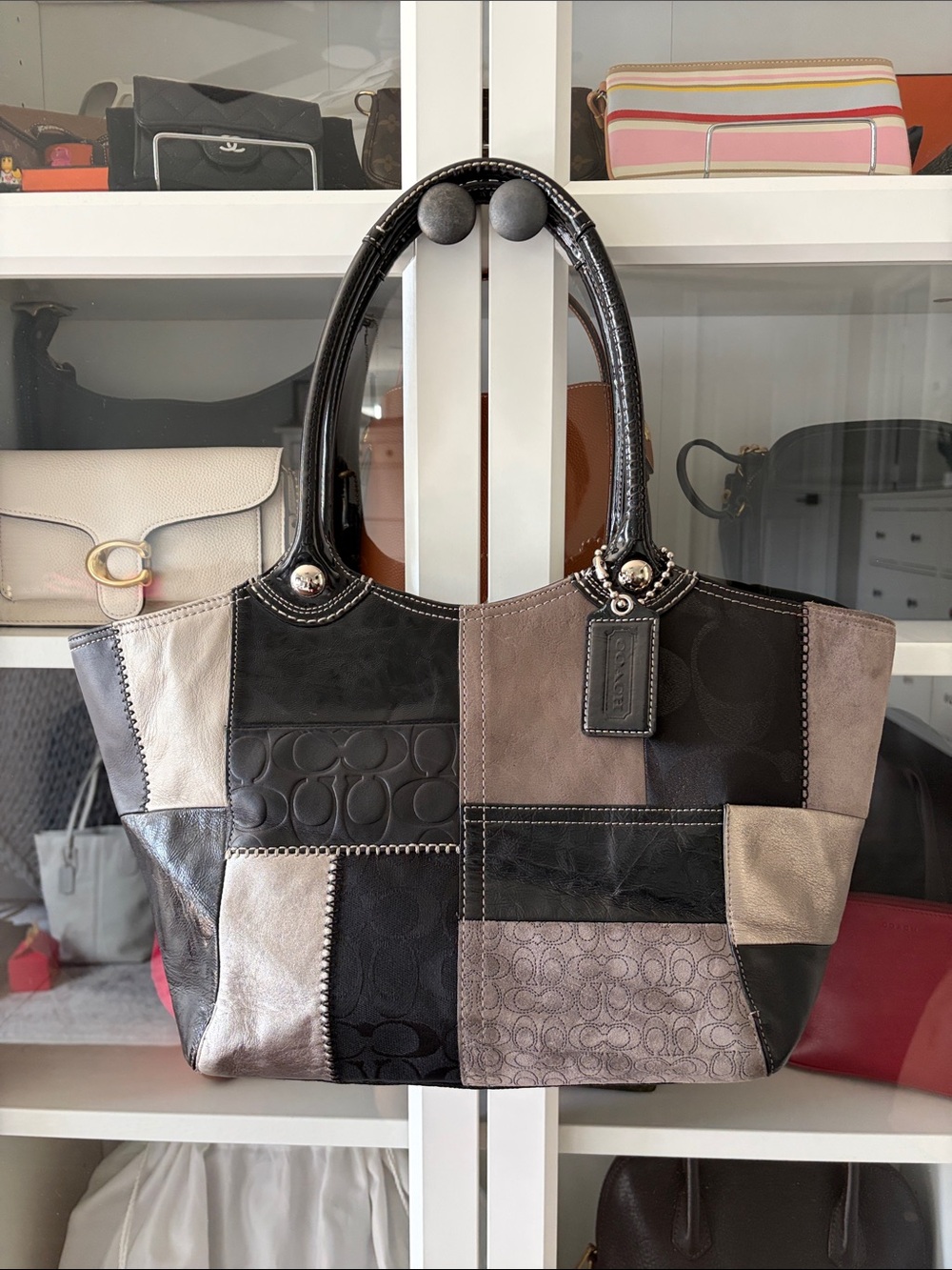 Y2K Coach Bleecker Patchwork Leather Tote Bag - Black and Taupe Neutrals